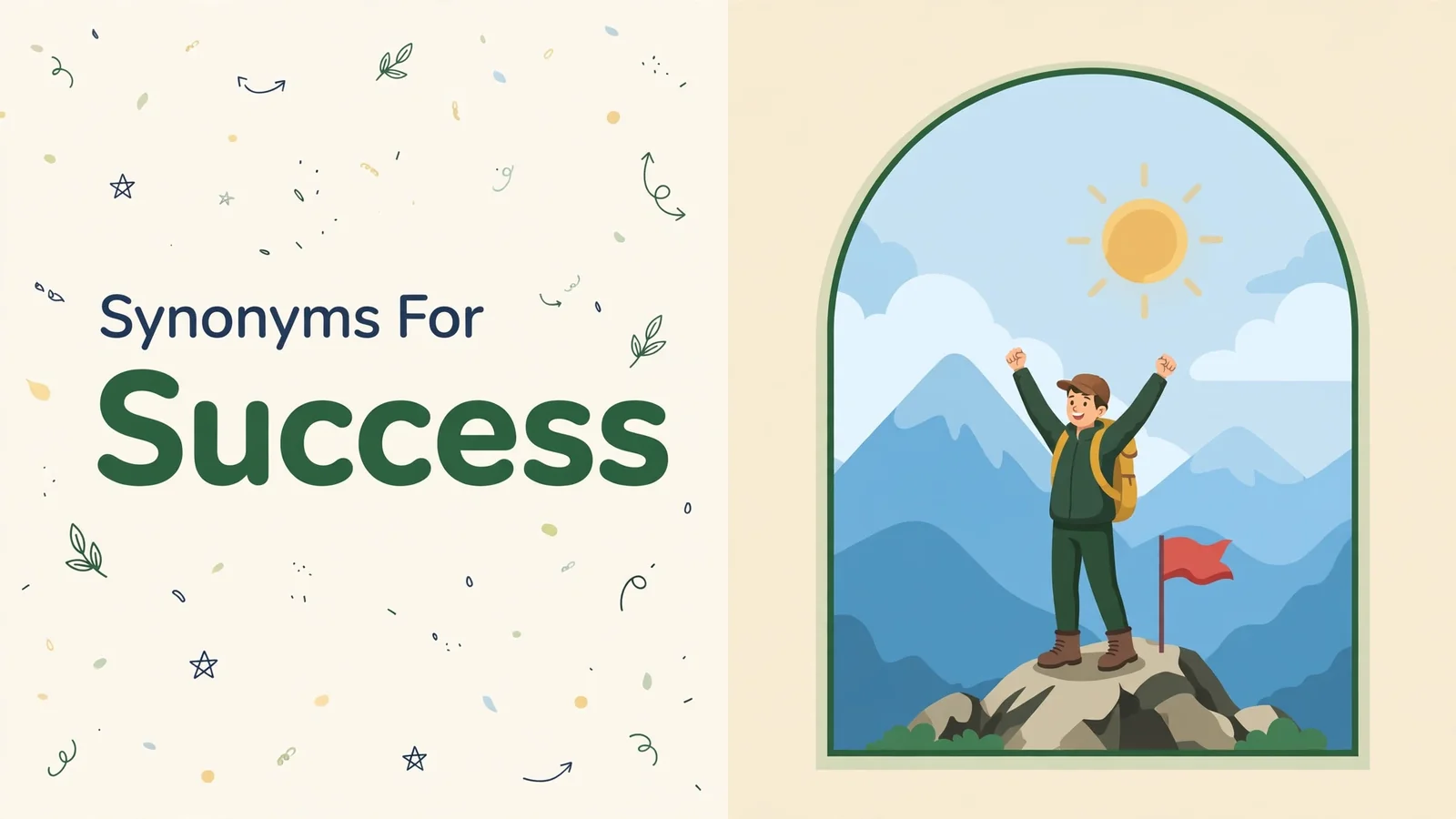Synonyms for success illustration card, hiker celebrating on a mountain summit