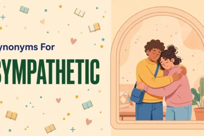 Illustration card with the word SYMPATHETIC in dark green beside a rounded arch window with a comforting hug illustration