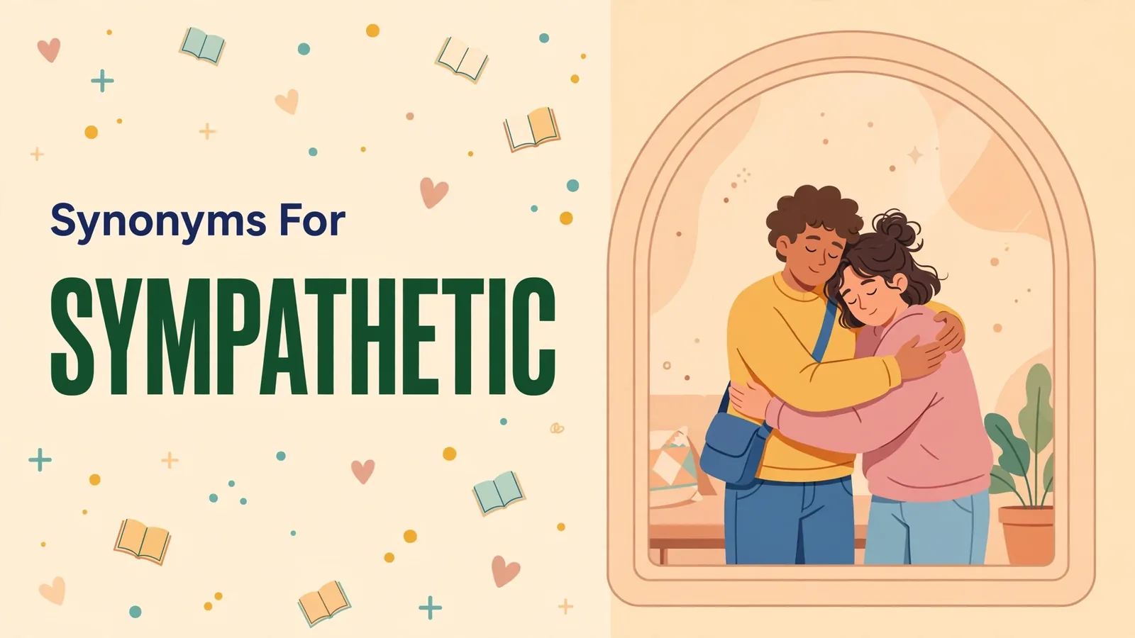 Illustration card with the word SYMPATHETIC in dark green beside a rounded arch window with a comforting hug illustration